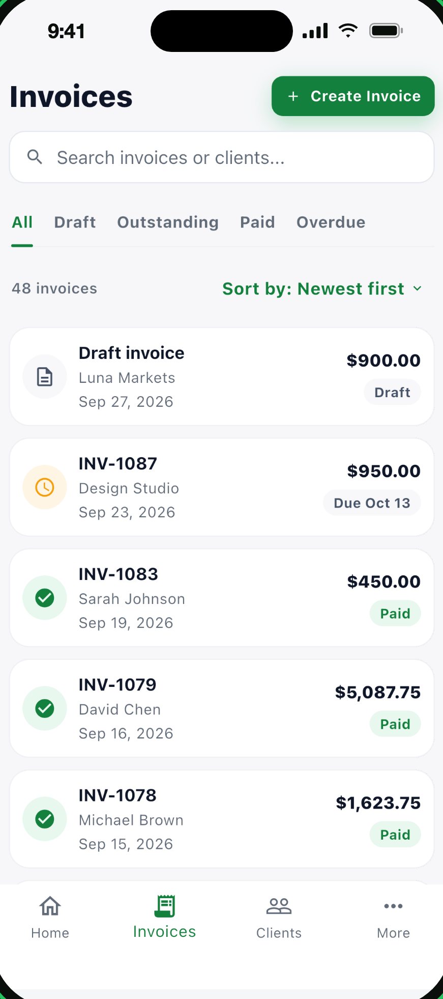 Invoice list filtered by draft, outstanding, paid and overdue